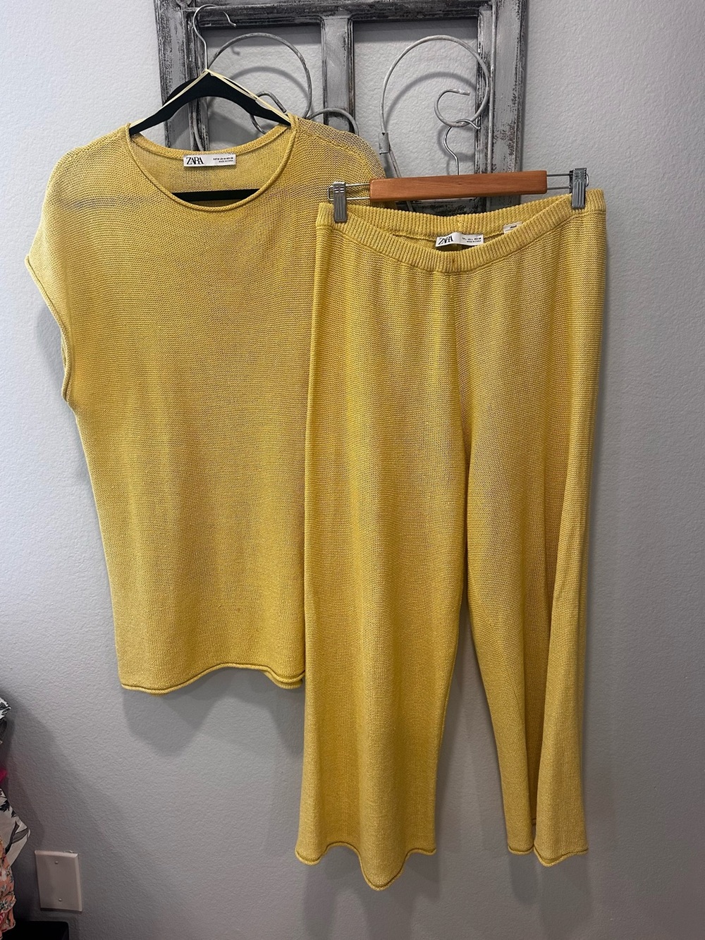 Zara Lemon Yellow Knit Wide-Leg Pants & Short-Sleeve Top Set